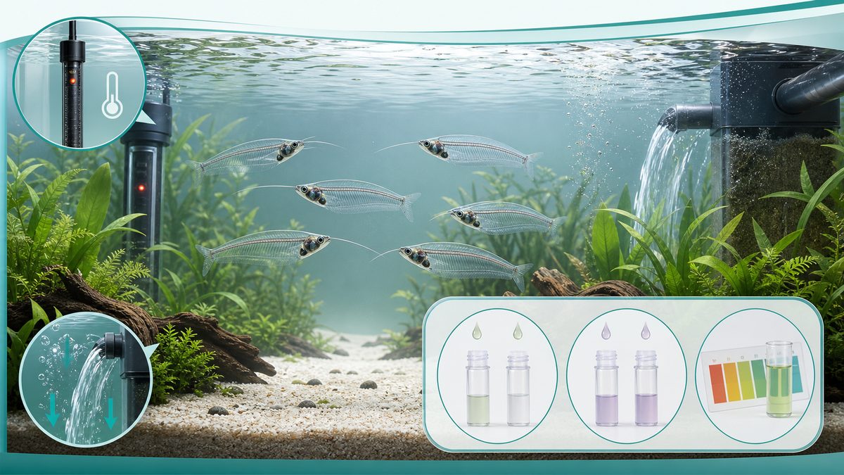 水質・水温の管理（早見表つき）の要点をまとめた淡水魚飼育インフォグラフィック