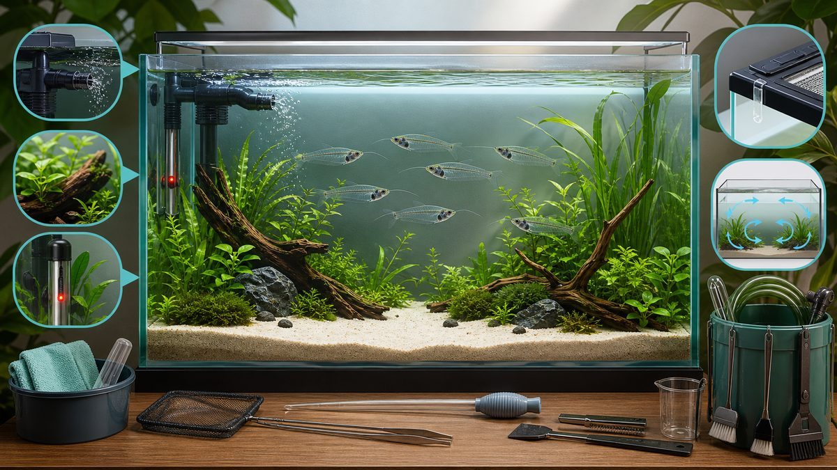 水槽セットアップと必要な機材の要点をまとめた淡水魚飼育インフォグラフィック