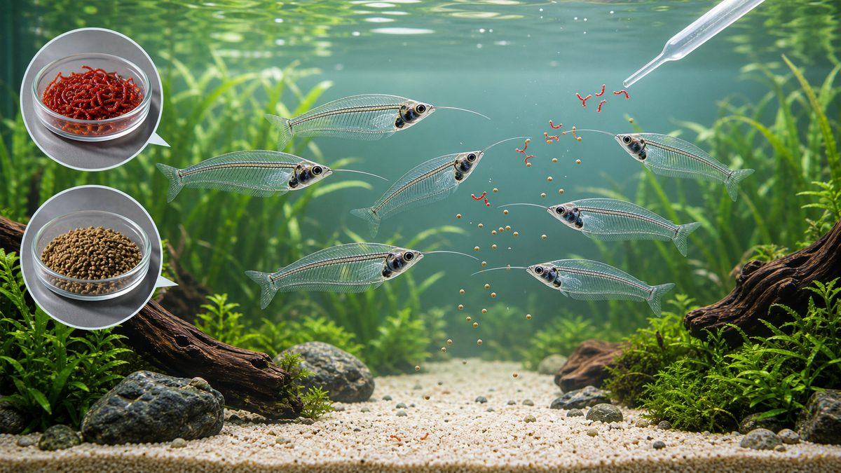 餌と餌付けのコツの要点をまとめた淡水魚飼育インフォグラフィック
