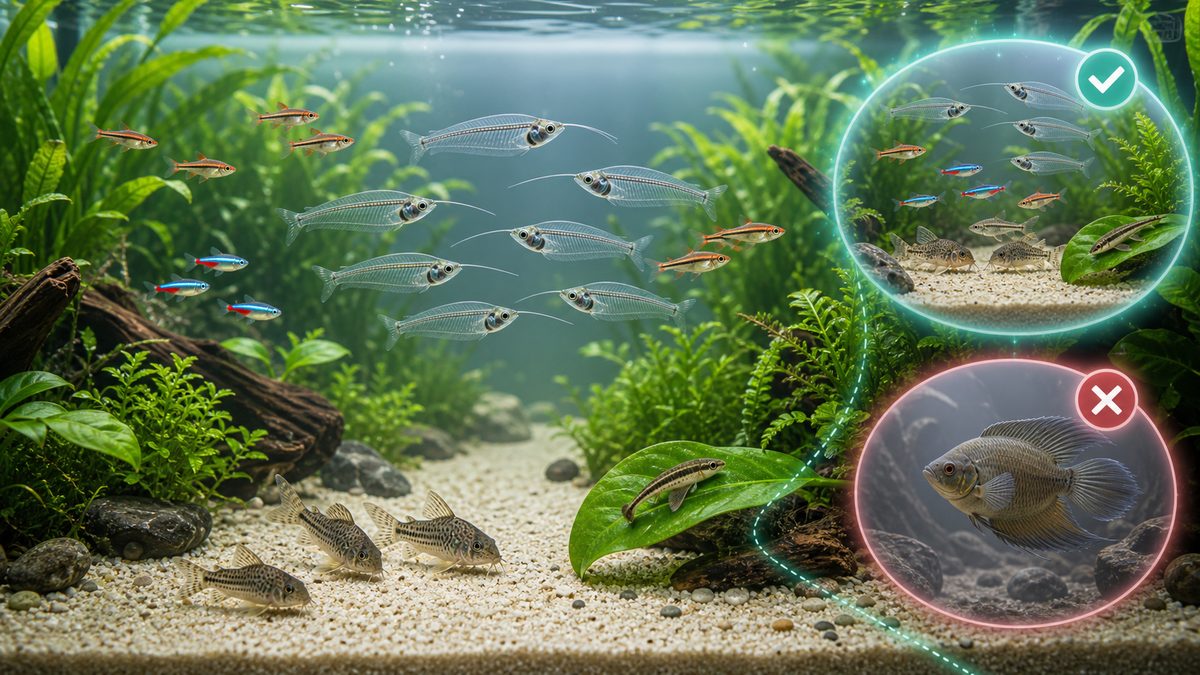 混泳——温和だからこそ相手選びが大切の要点をまとめた淡水魚飼育インフォグラフィック