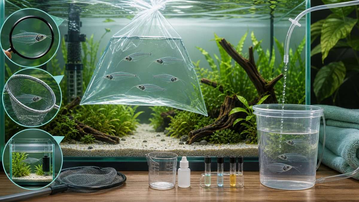 導入時の注意——お迎えから定着までの要点をまとめた淡水魚飼育インフォグラフィック