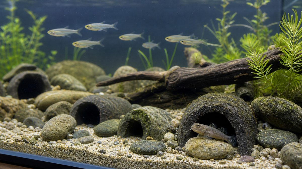 ゴクラクハゼと中層魚の混泳で棲み分けを示す画像