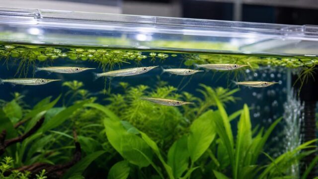 ゴールデンデルモゲニーが水面近くを泳ぐ飼育水槽のアイキャッチ画像