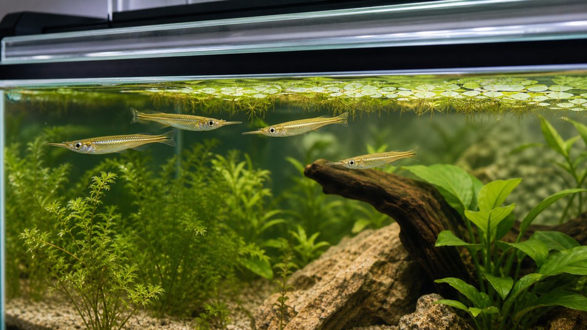 ゴールデンデルモゲニーの魅力と水面性の特徴を示す水槽画像