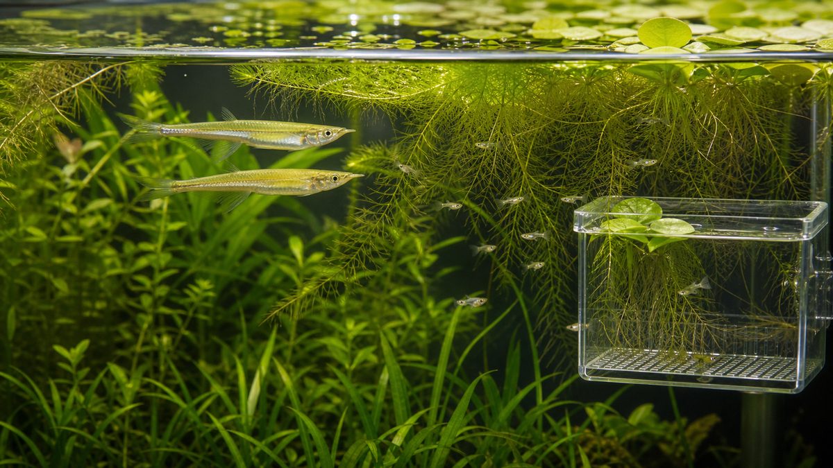 ゴールデンデルモゲニーの繁殖と稚魚保護を示す水草水槽画像