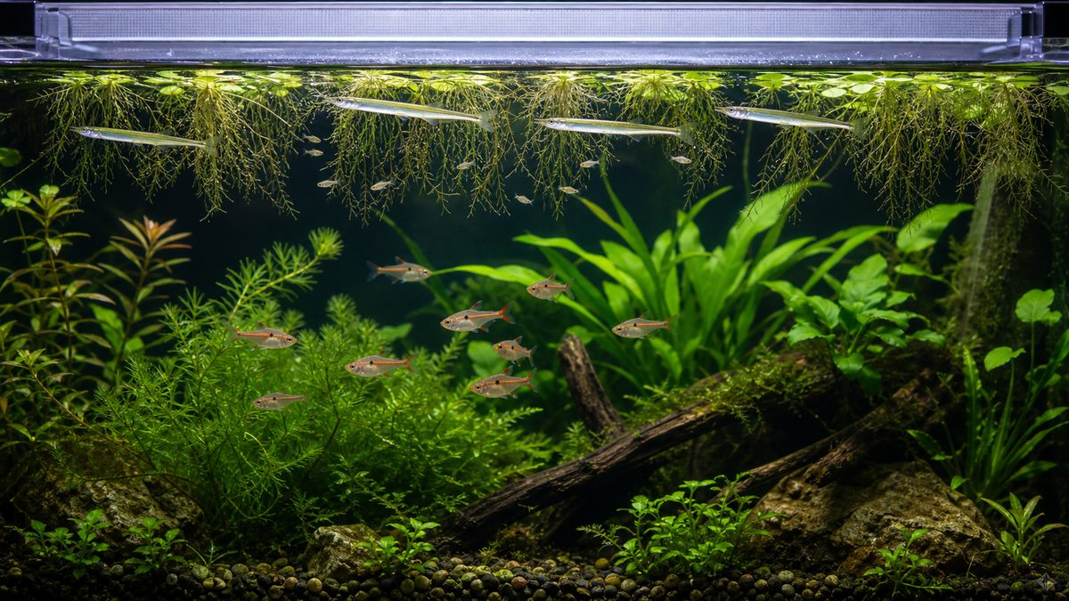 ゴールデンデルモゲニーと小型魚の混泳環境を示す水草水槽画像