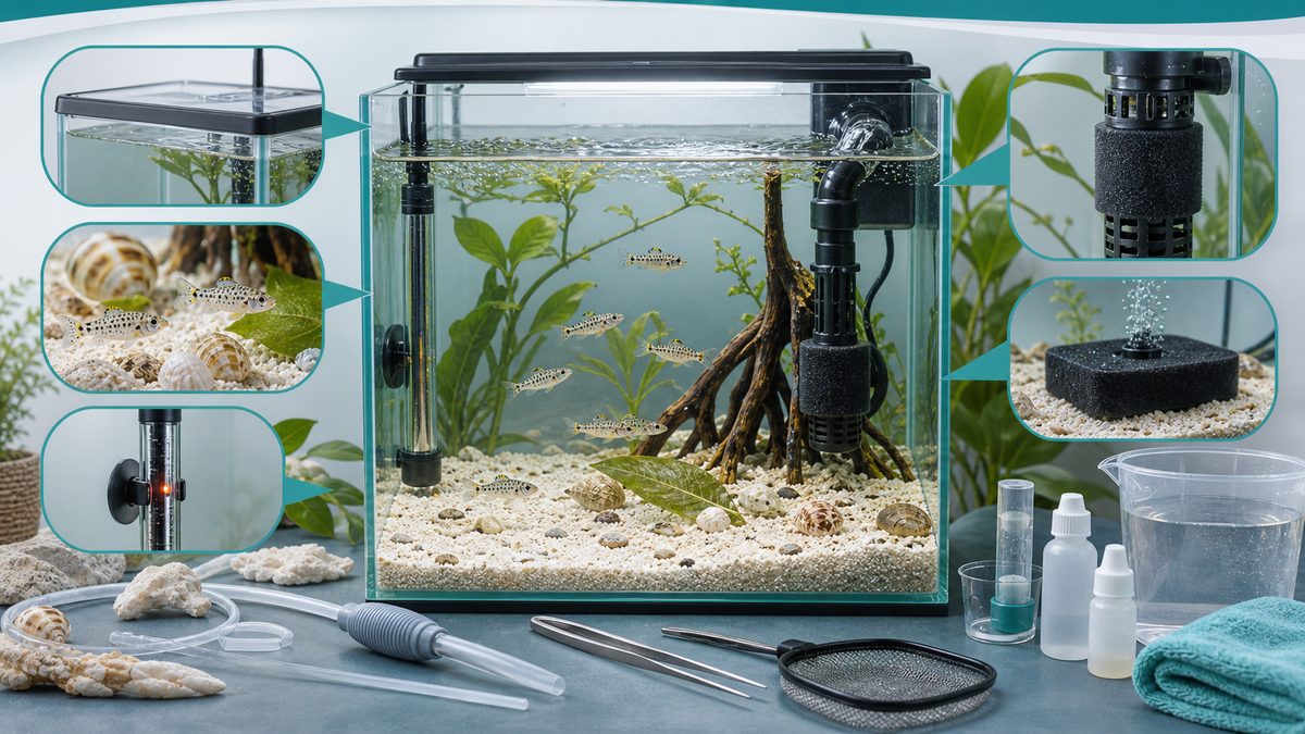 飼育に必要な機材 ― 小型水槽セットアップの全体像の要点をまとめた淡水魚飼育インフォグラフィック