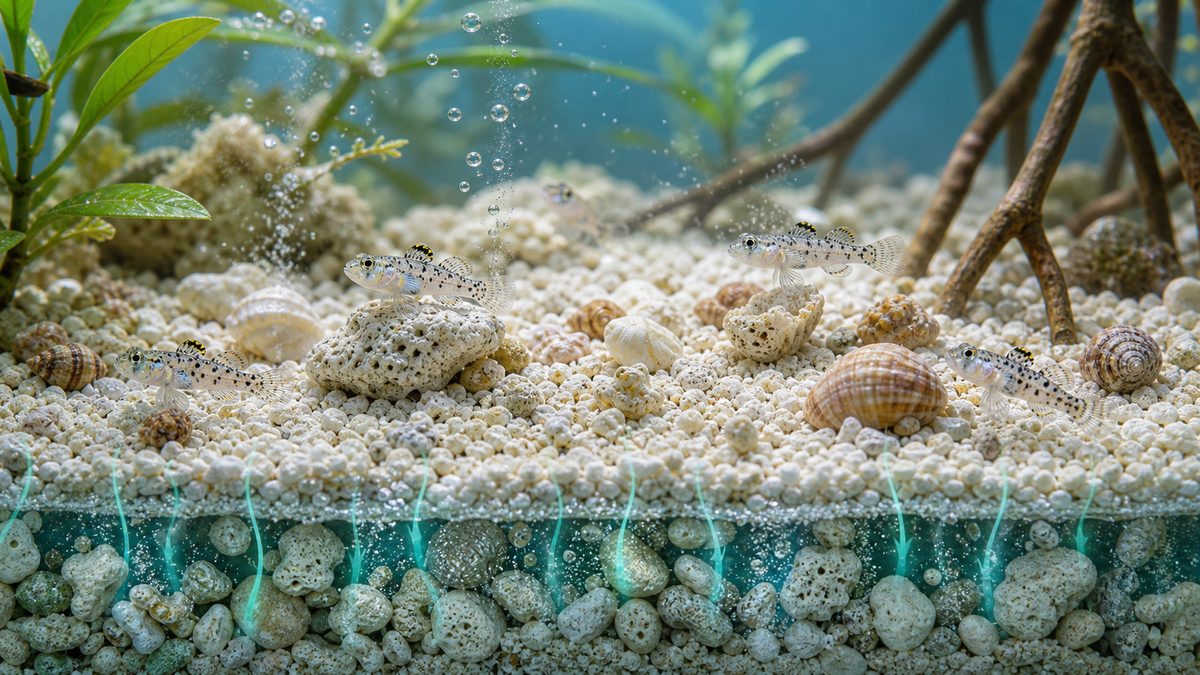 サンゴ砂の重要性 ― 底砂選びが飼育成功の分かれ目の要点をまとめた淡水魚飼育インフォグラフィック