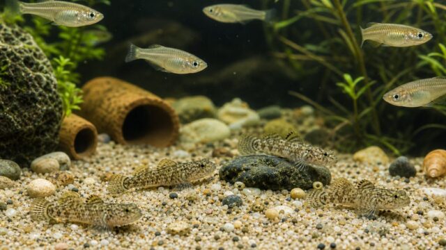 ヒナハゼが底砂とシェルターのある水槽で成魚メダカと混泳する飼育記事アイキャッチ