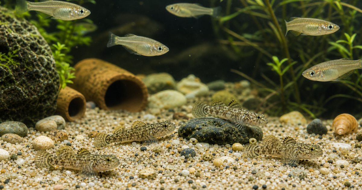 ヒナハゼが底砂とシェルターのある水槽で成魚メダカと混泳する飼育記事アイキャッチ