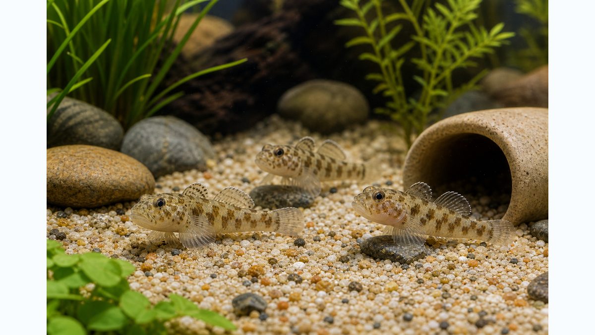 ヒナハゼと成魚メダカが泳ぐ小型水槽の導入イメージ