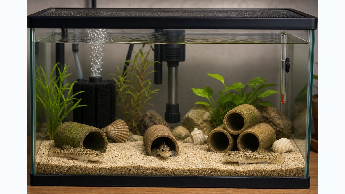 ヒナハゼ飼育に必要なシェルター、弱い水流、安定した水質を示す水槽画像