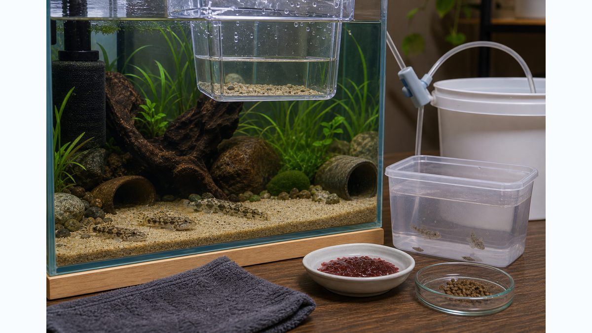 ヒナハゼの水合わせ、底砂、シェルター、沈下餌をまとめた飼育方法画像