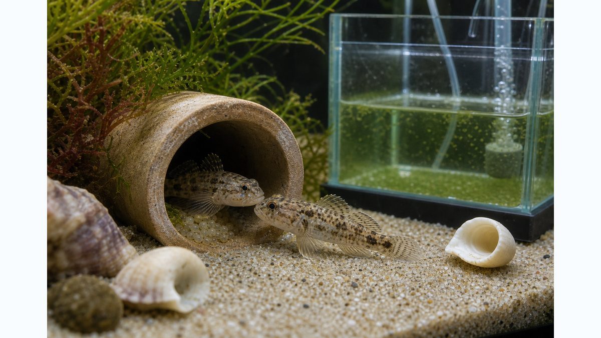 ヒナハゼの繁殖でシェルター内の産卵と汽水育成準備を示す画像