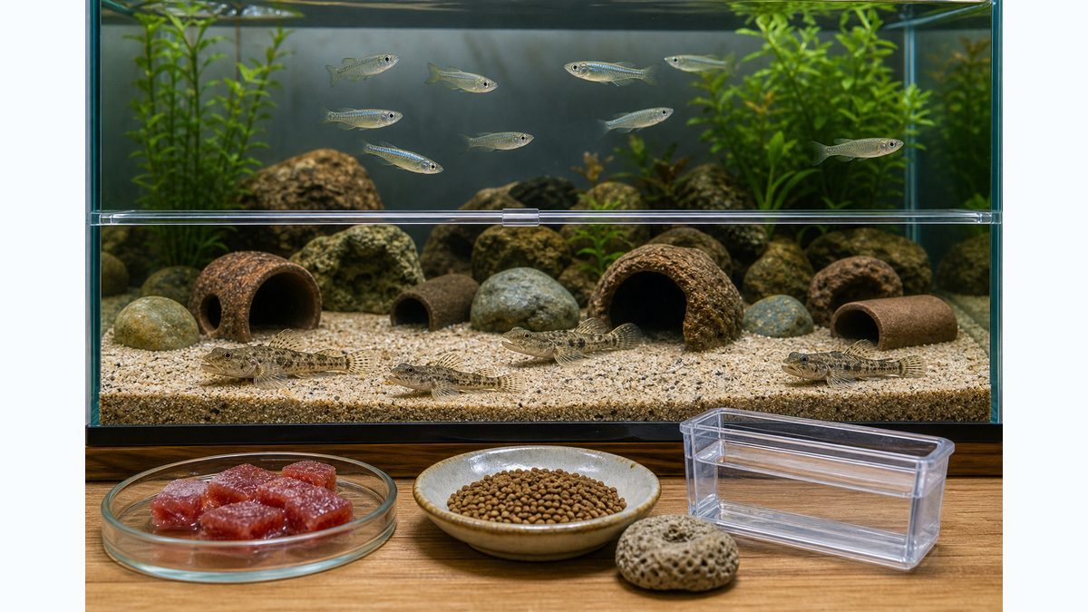 ヒナハゼと成魚メダカの混泳、沈下餌、飼育数の目安を示すFAQ画像