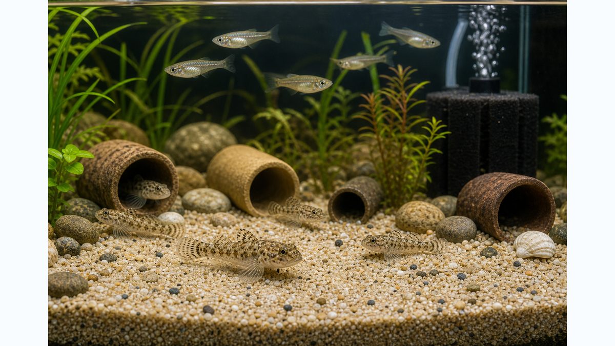 ヒナハゼを長く飼うための隠れ家、清潔な水、成魚メダカ混泳が整った水槽画像