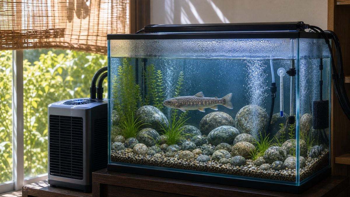 飼育の最難関＝冷水管理｜夏をどう乗り切るかの要点をまとめた淡水魚飼育インフォグラフィック