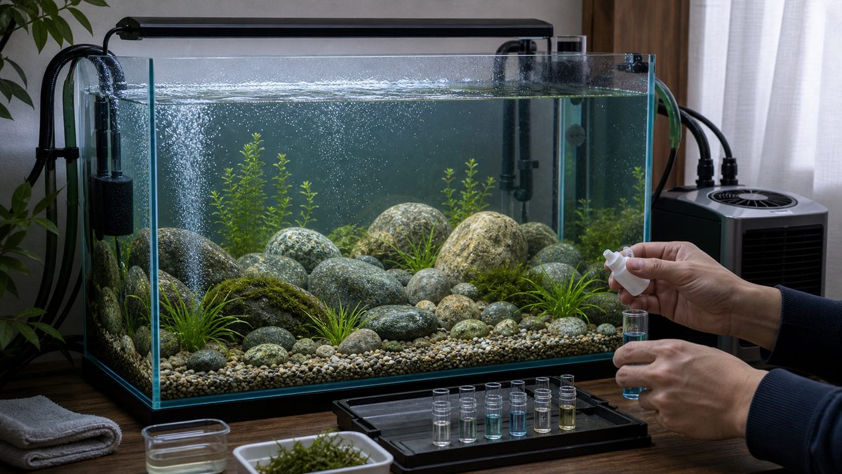 水槽の立ち上げ方と水質管理の要点をまとめた淡水魚飼育インフォグラフィック