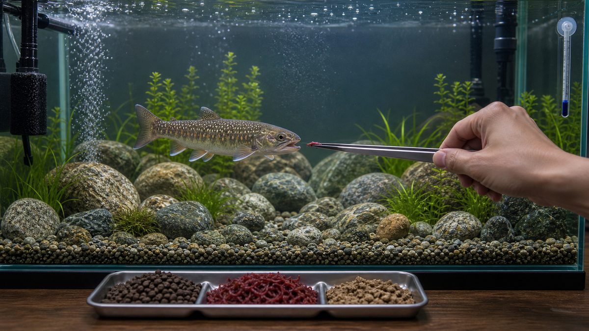 餌の与え方｜餌付けと人工飼料への移行の要点をまとめた淡水魚飼育インフォグラフィック