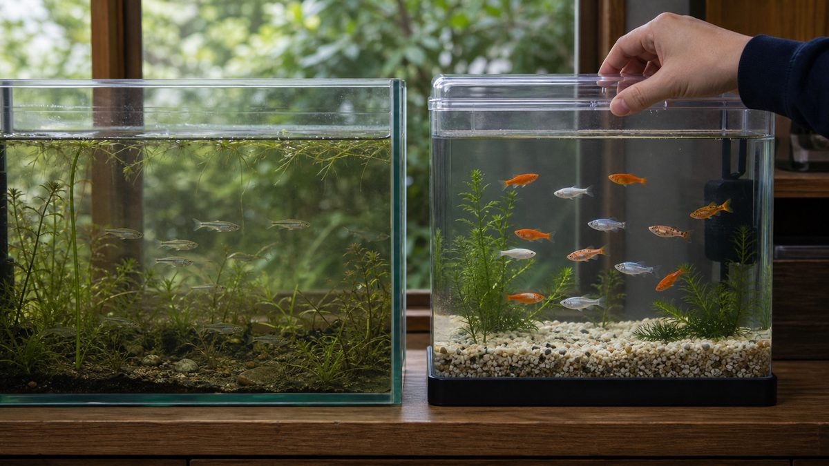 改良メダカとの遺伝子汚染問題の要点をまとめた淡水魚飼育インフォグラフィック