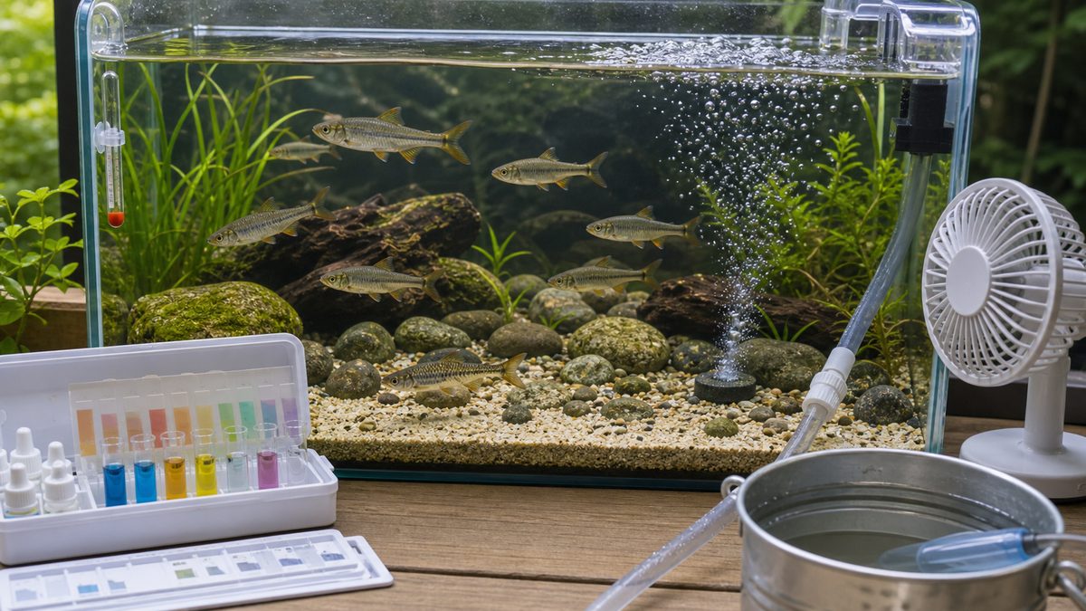 カワムツに適した水質・水温管理の要点をまとめた淡水魚飼育インフォグラフィック