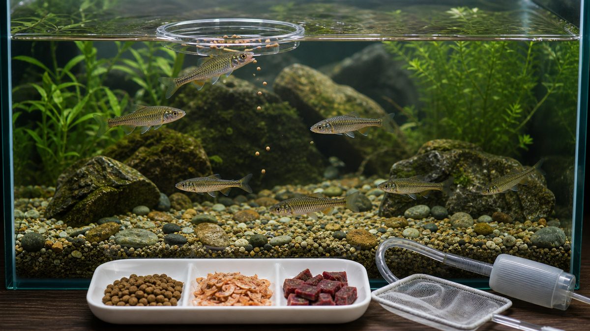 カワムツの餌の与え方の要点をまとめた淡水魚飼育インフォグラフィック