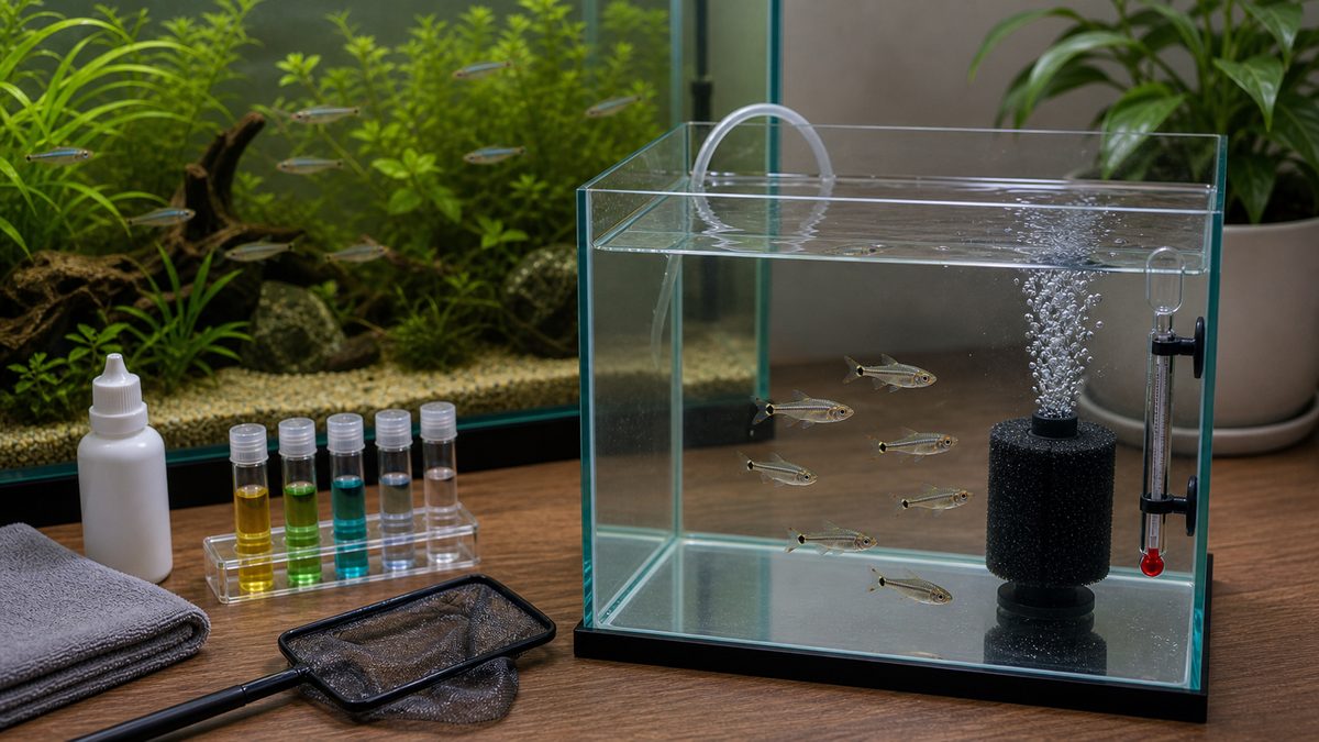 隔離水槽で小型テトラの体調を観察する病気予防のイメージ