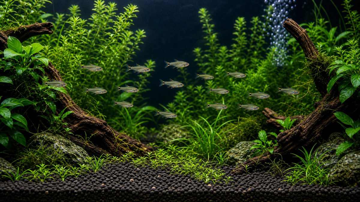 水草水槽でコギャルテトラの群れを引き立てるレイアウトイメージ