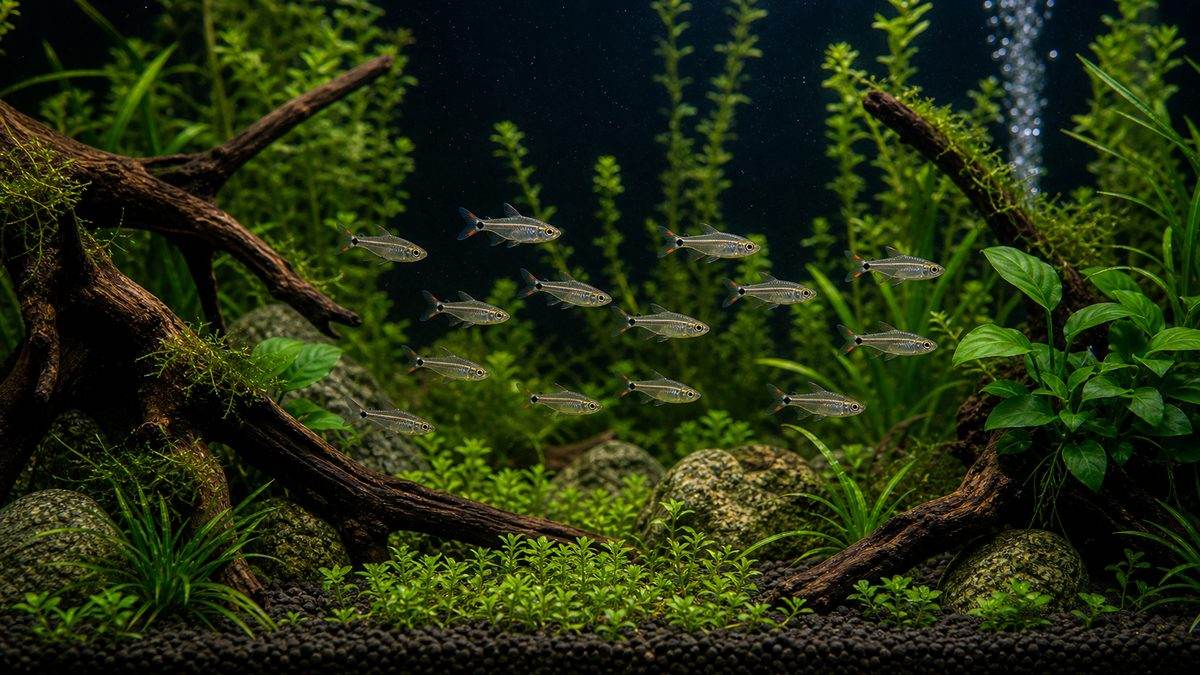 暗めの水草水槽で珍しい小型カラシンの群泳を楽しむイメージ