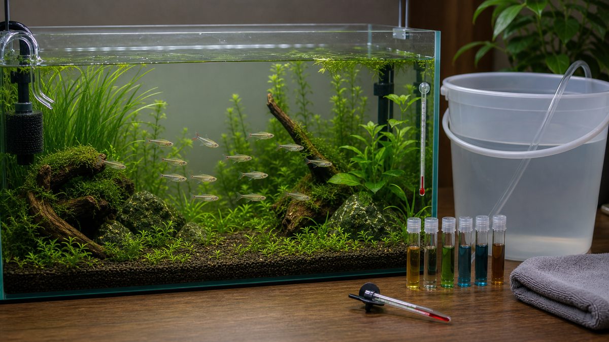 水質検査と水換え準備をしながらコギャルテトラを管理するイメージ