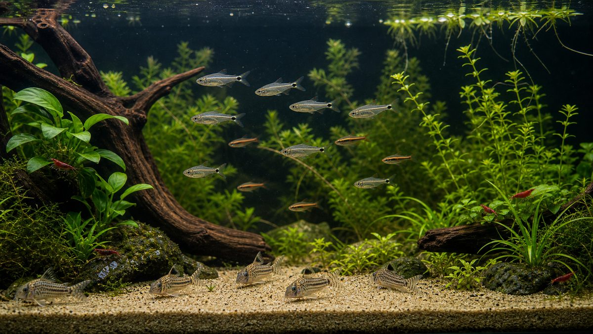 小型魚やエビと穏やかに混泳するコギャルテトラのイメージ