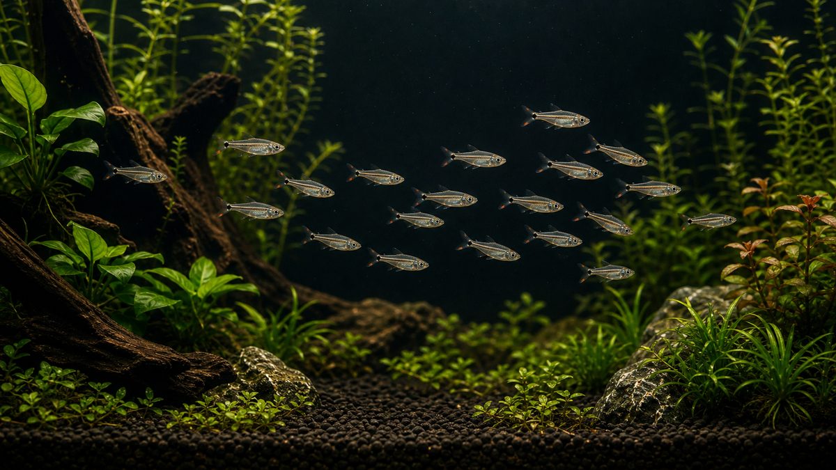 暗めの背景と水草でコギャルテトラの群泳を美しく見せるイメージ
