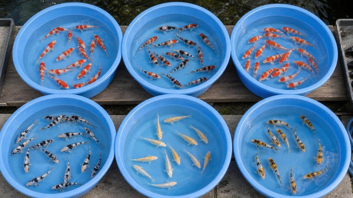 錦鯉繁殖の品種ごとの特徴と選別のポイントの要点をまとめた淡水魚飼育インフォグラフィック