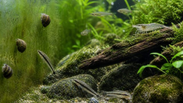 コケが付いた水草水槽でエビや貝がコケを食べる様子のアイキャッチ画像