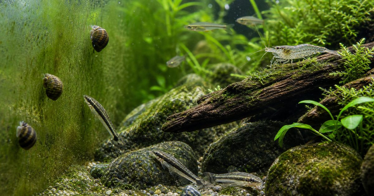コケが付いた水草水槽でエビや貝がコケを食べる様子のアイキャッチ画像