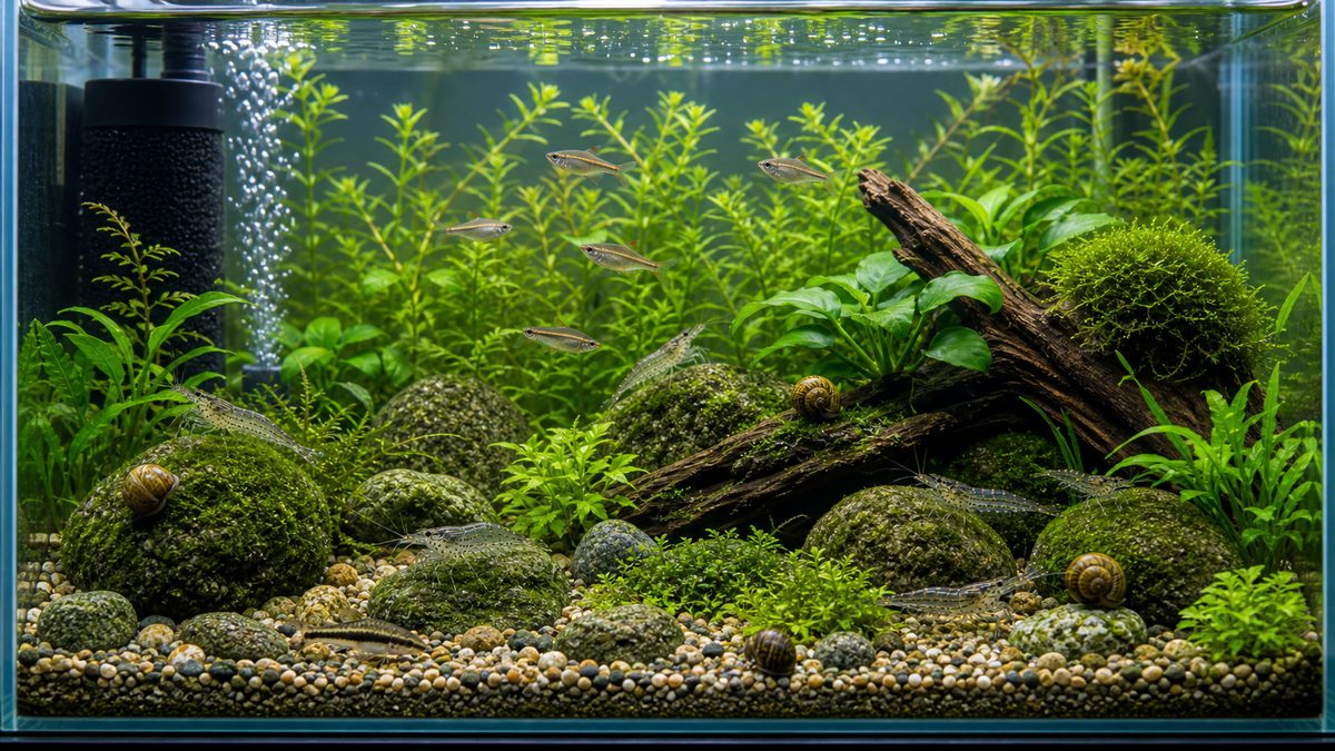 安定した水草水槽でコケ取り生体が働くまとめ画像