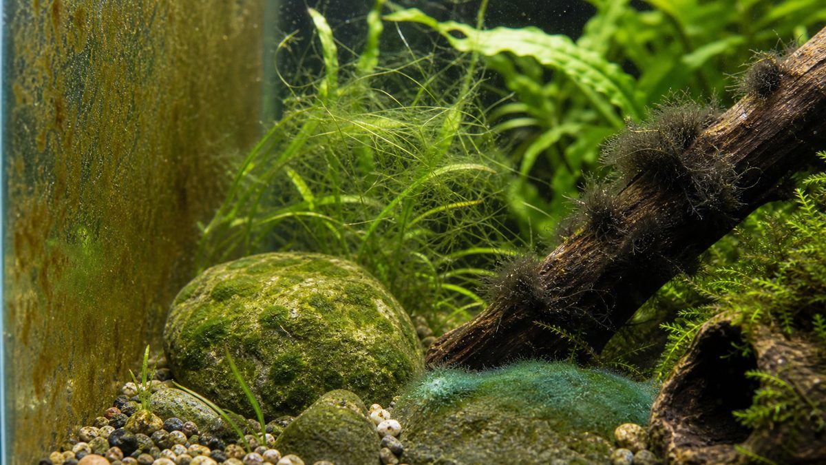 茶ゴケ、糸状コケ、黒ひげコケなど複数のコケの違いを示す画像