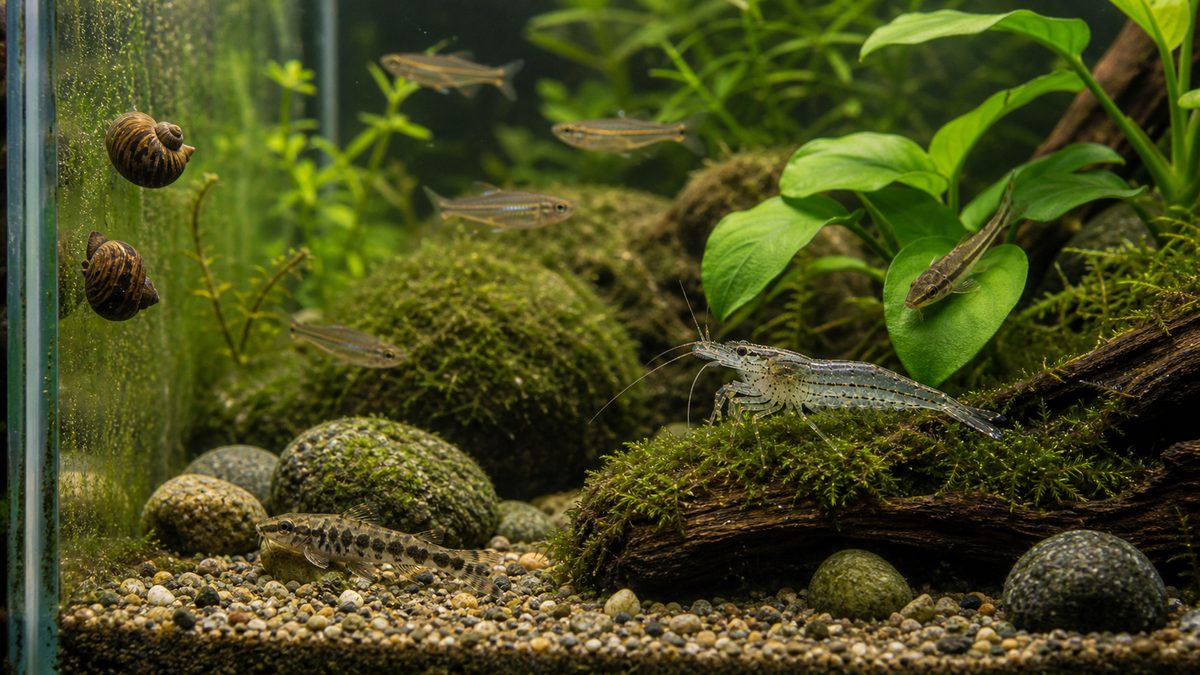 貝、エビ、底もの魚が水槽内のコケを食べる様子の画像