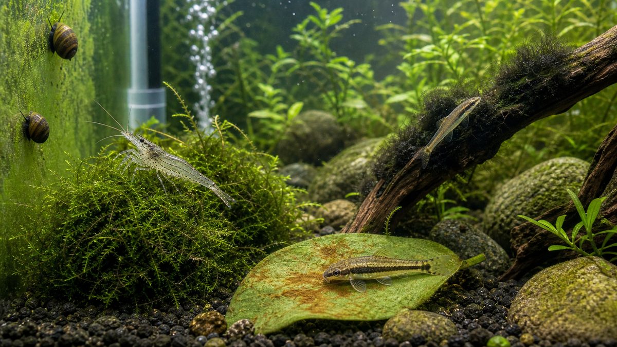 コケの種類に合わせて貝やエビや魚を選ぶイメージ画像