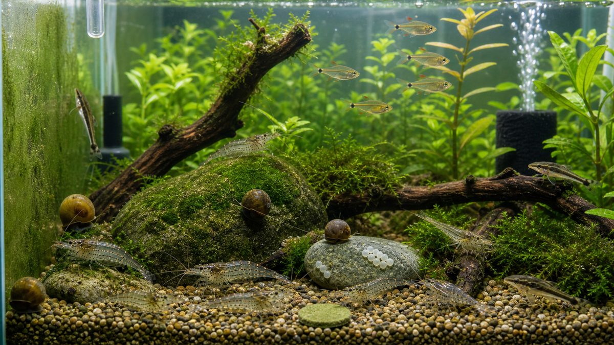 貝、エビ、小型魚が混泳するコケ取り生体FAQの画像
