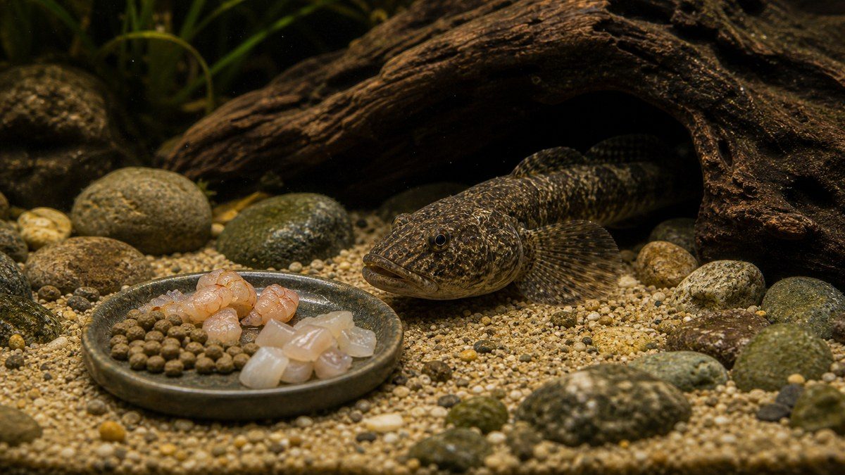 カワアナゴに少量の冷凍餌と人工餌を与える給餌画像
