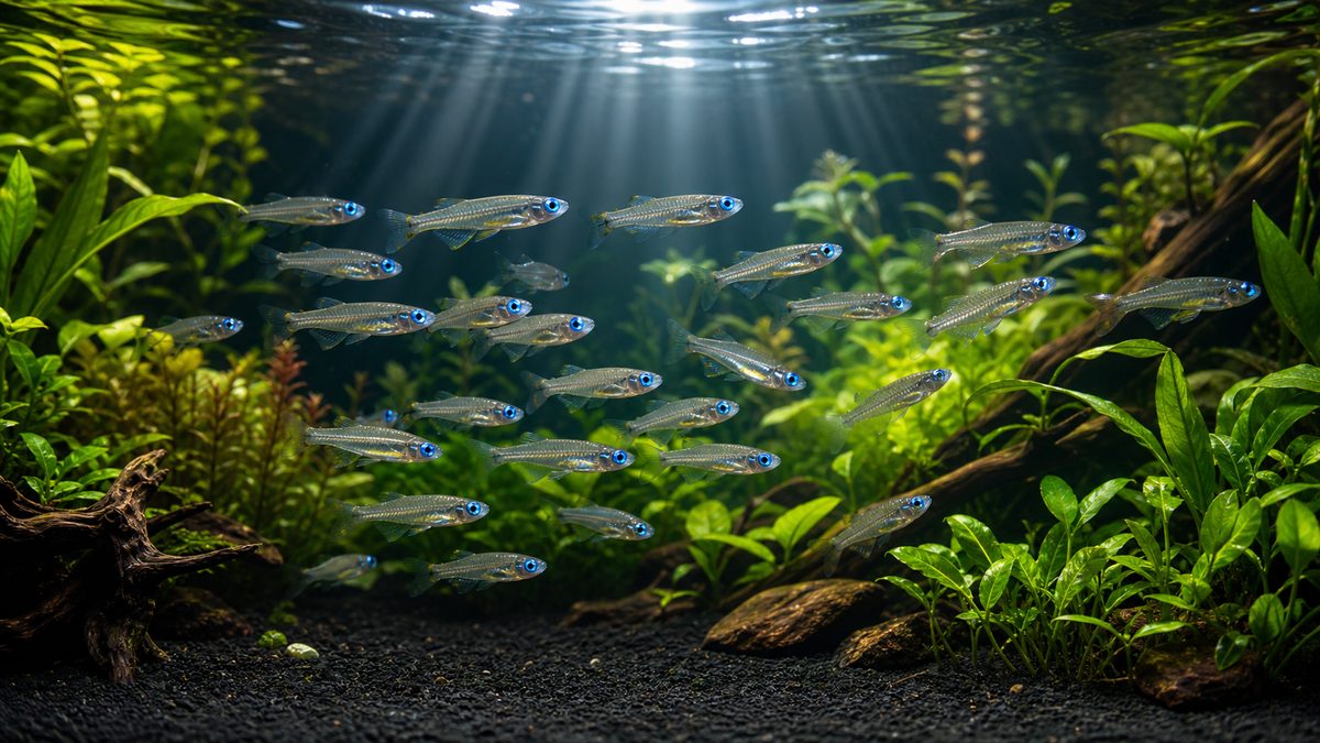 青い目を輝かせる群泳の引き出し方の要点をまとめた淡水魚飼育インフォグラフィック