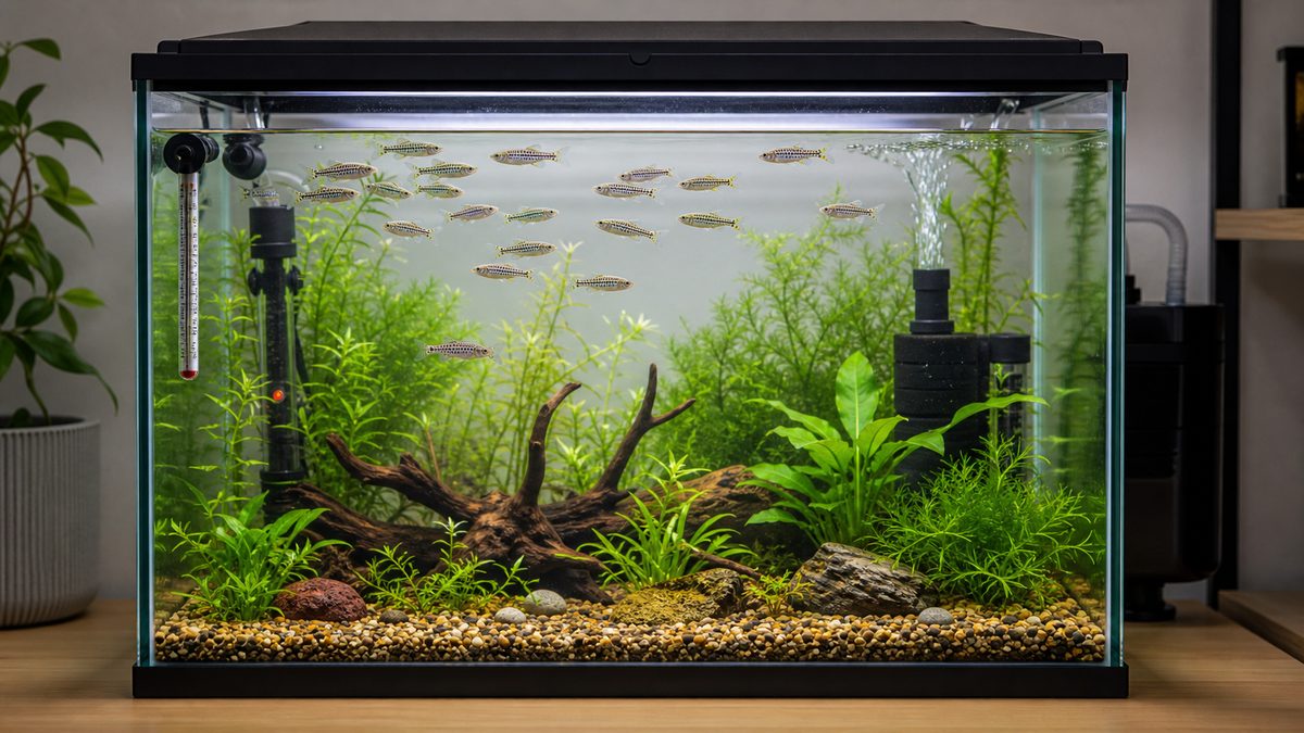 レオパードダニオの飼育に必要な環境と機材の要点をまとめた淡水魚飼育インフォグラフィック