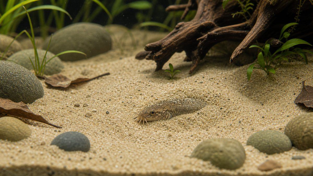 砂底レイアウトの作り方(潜れる環境の必須性)の要点をまとめた淡水魚飼育インフォグラフィック