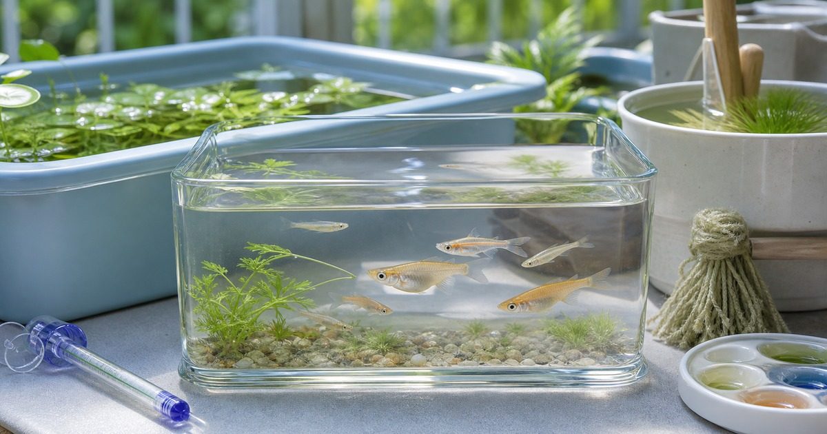 過抱卵の見分け方と対処法を示すメダカ飼育環境のアイキャッチ