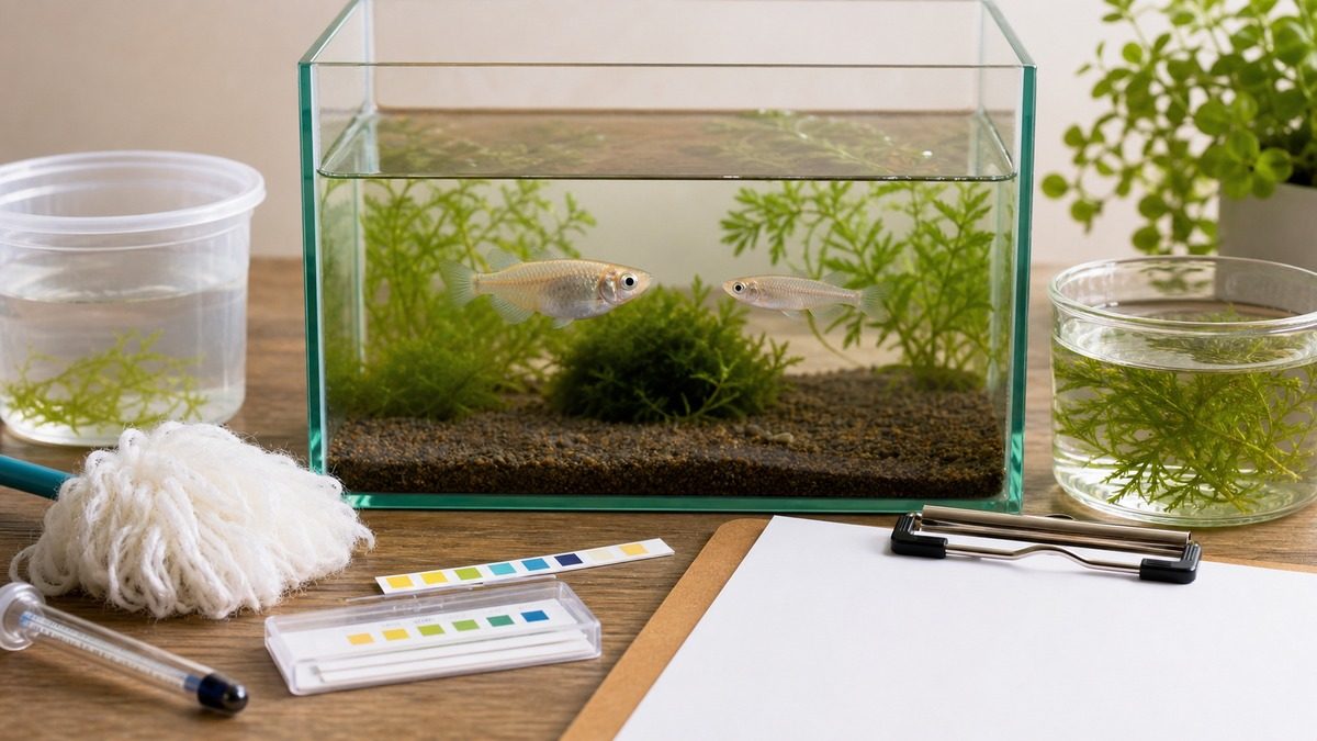 メダカの過抱卵FAQを確認するための観察水槽と管理用品