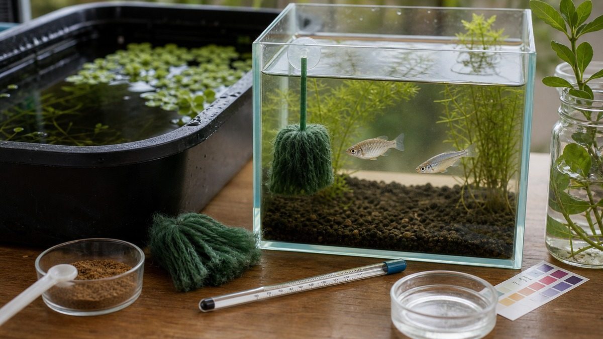 メダカが過抱卵になる原因を水槽環境と産卵床で確認する画像