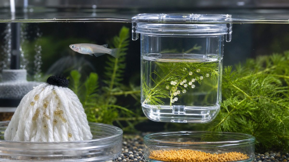 産卵再開後のメダカの卵を隔離容器で管理する画像