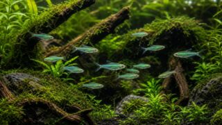 ミクロラスボラ・ブルーネオンの水草水槽と群泳を示すアイキャッチ画像