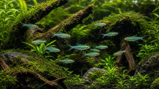 ミクロラスボラ・ブルーネオンの水草水槽と群泳を示すアイキャッチ画像